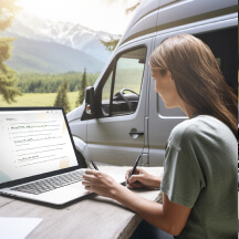 Una chica teletrabajando en las montaas junto a su furgoneta camper