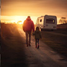 Un padre con su hija de la mano de vuelta a la caravana alquilada en MyAirvan.com