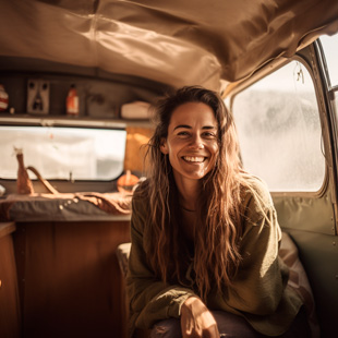 Mujer sonriente en su autocaravana al disfrutar del descuento en comisiones que le ofrece MyAirvan.com por haberse registrado antes del 15 de octubre