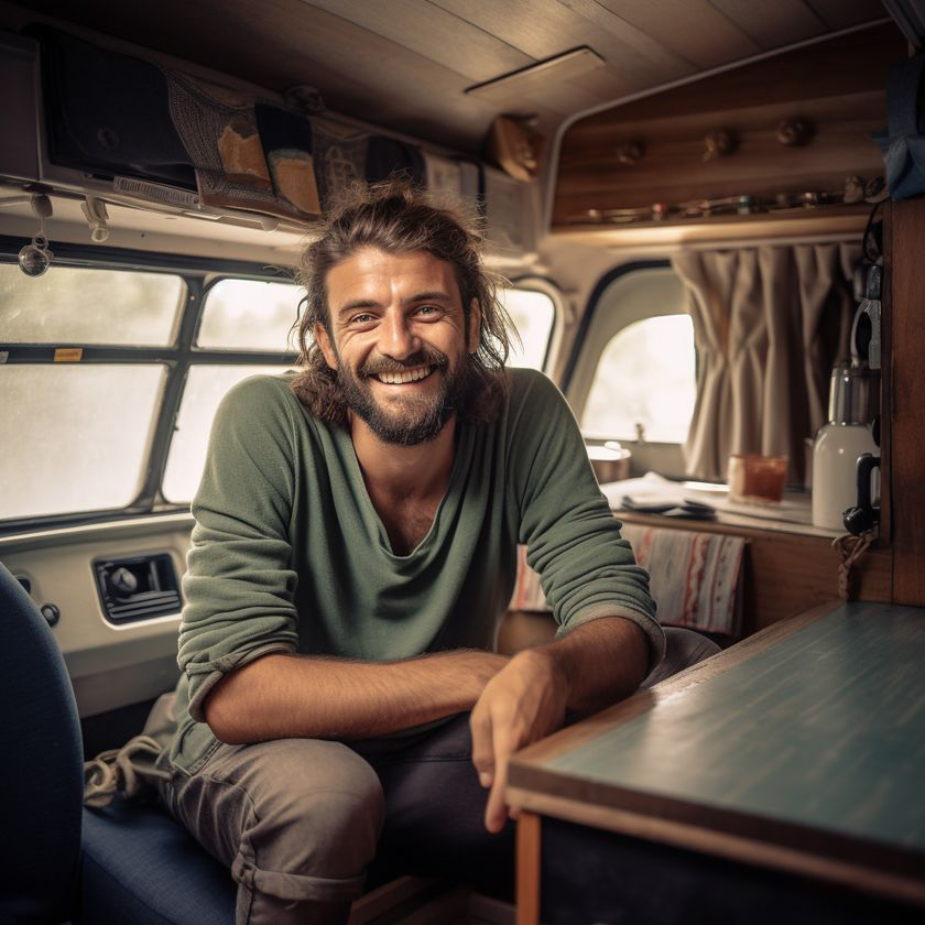 Hombre feliz en su viaje de autocaravana alquilada camperizada