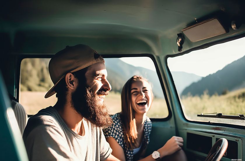 2 jovenes disfrutando de su viaje en una autocaravana alquilada