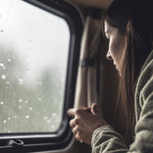 Una chica sujeta una taza de caf mientras observa la lluvia a travs de la ventanilla de la furgoneta camper alquilada con MyAirvan.com